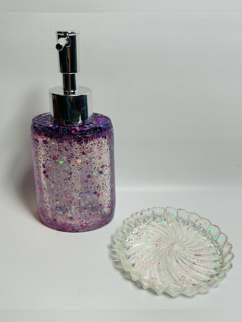 Hand Crafted Resin Hand Soap Dispenser & Trinket Dish Set - Purple Glitter